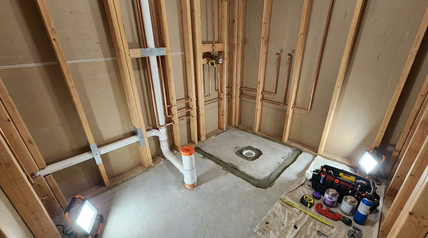 Bathroom rough-in plumbing during remodel by Johns Plumbing LLC in Des Plaines