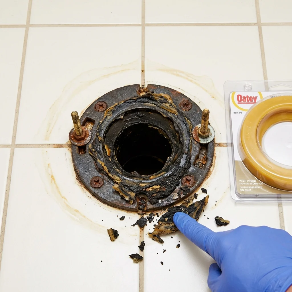 Failed wax ring showing water seepage at the base of a toilet in a Des Plaines, IL home
