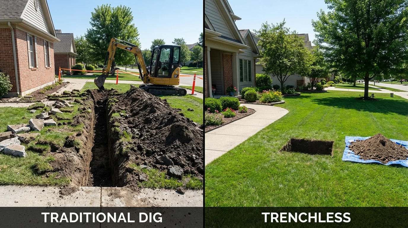 Trenchless sewer repair with minimal yard damage versus traditional excavation in Des Plaines, IL